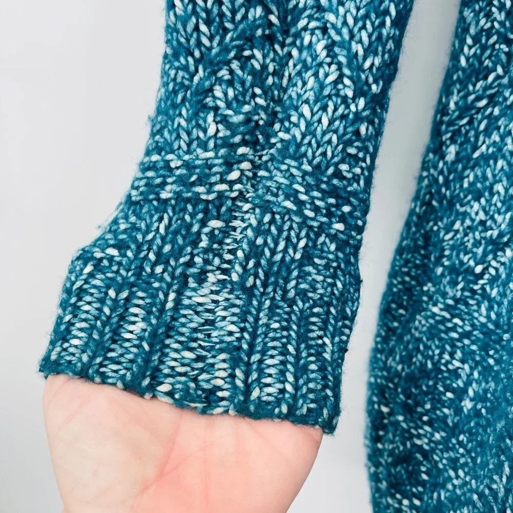 Soft Surroundings Women's Teal 1/4 Zip Aran Cable Knit Sweater Size M Wool Blend